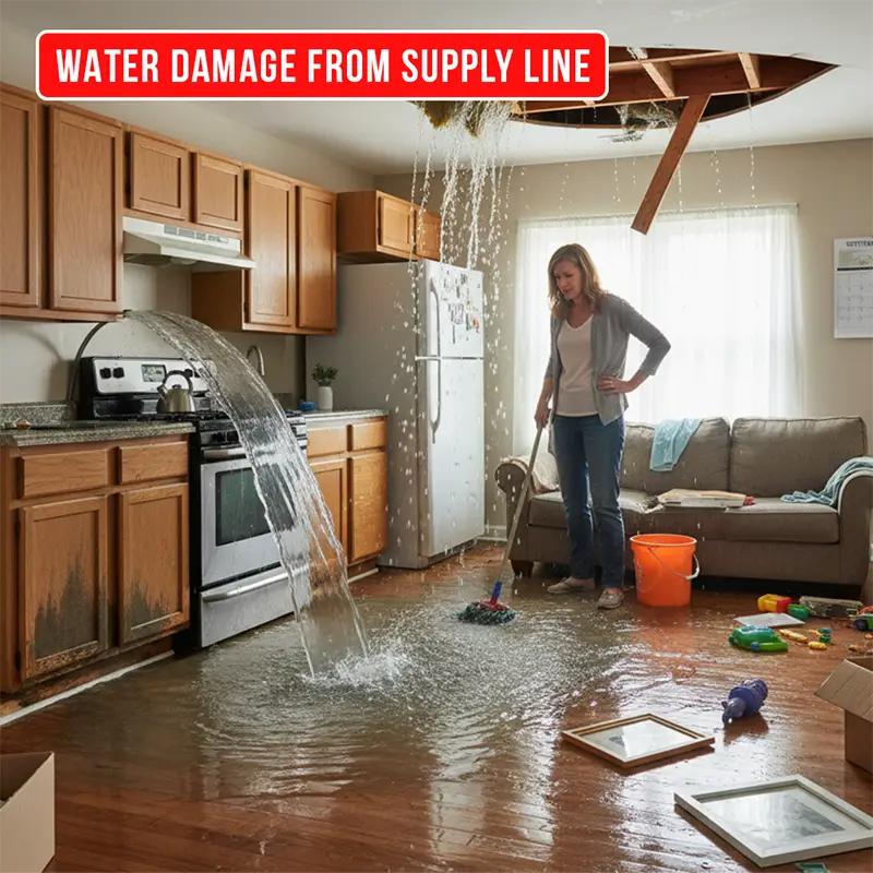 Public adjuster inspecting flooded floor from a broken supply line in Pennsylvania